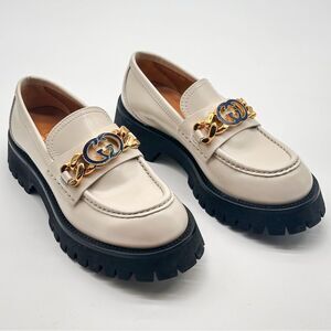 Gucci Interlocking G Chain Lug-Sole Chunky Loafers Leather Mystic White EU38 US8